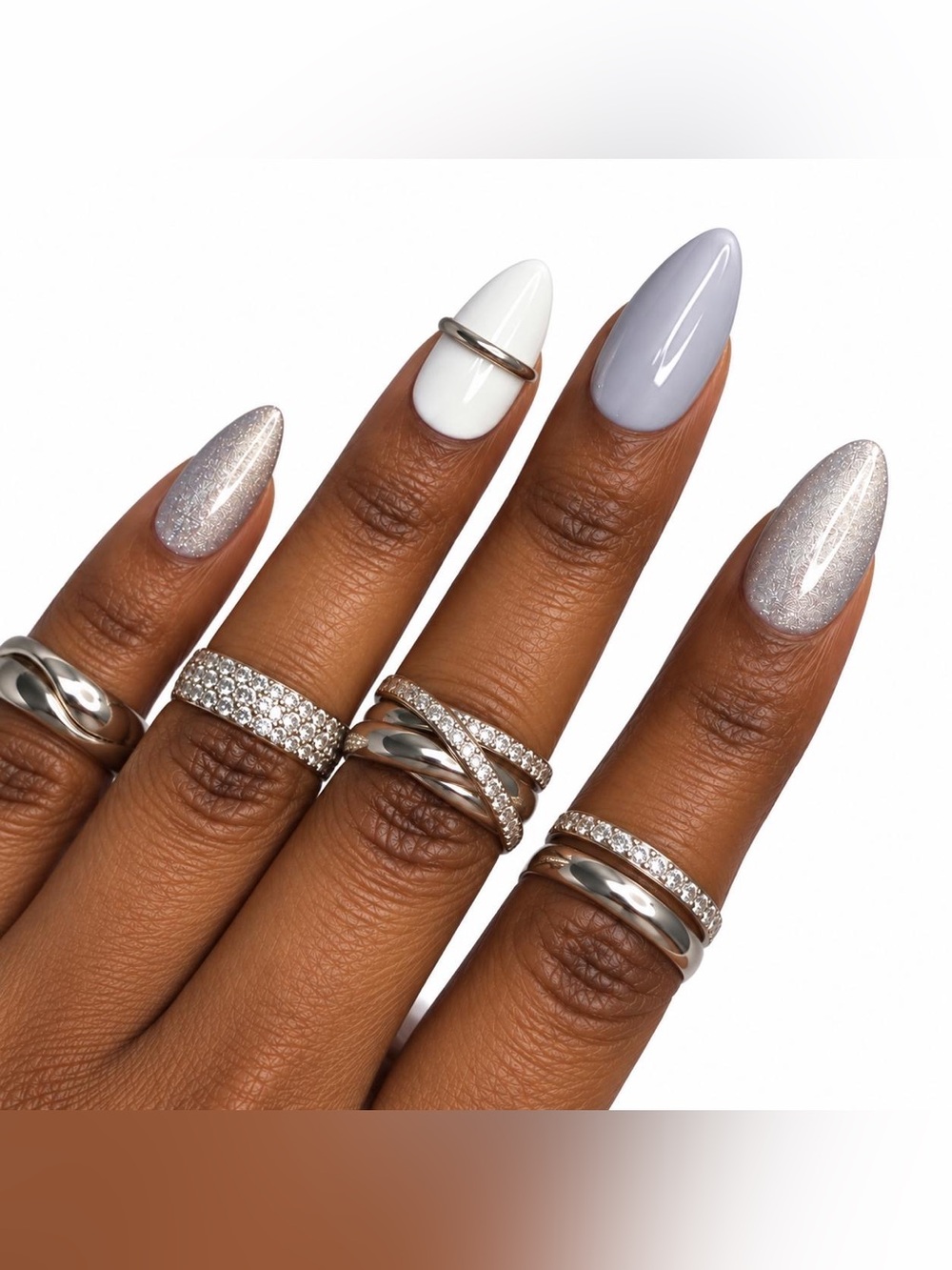 Chic Press-On Nail Set in White, Grey, and Silver Glitter